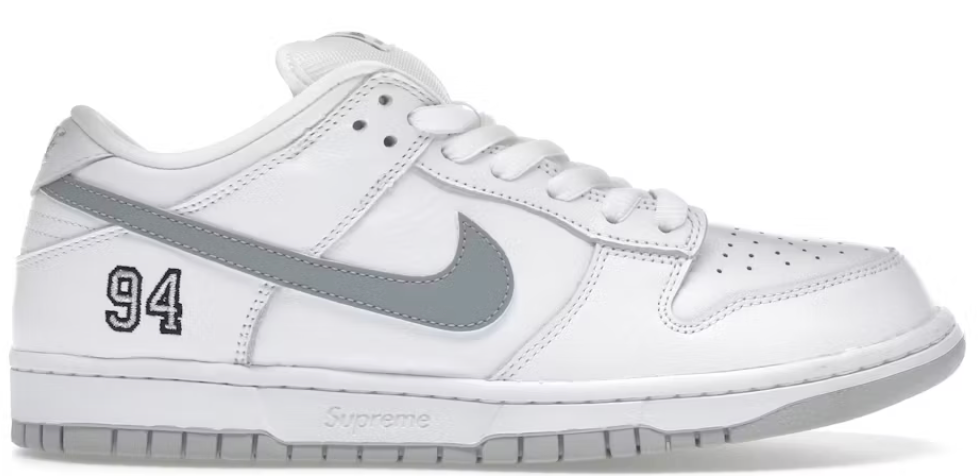 Nike Sb Dunk Low Supreme 94 White Metallic Silver
